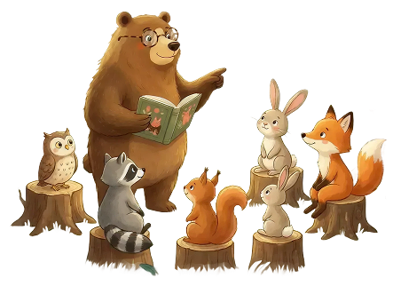 Bear reading to woodland animal friends