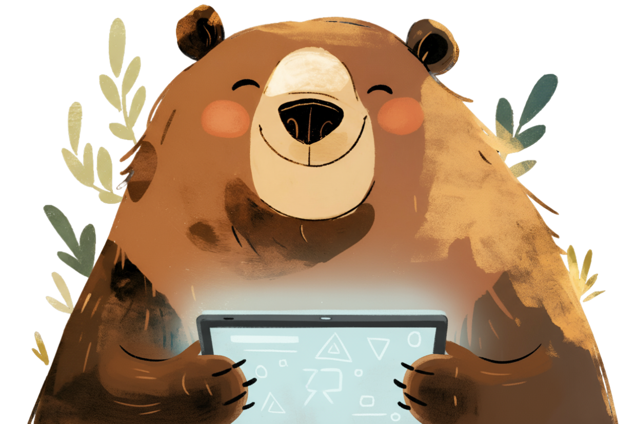 Nari bear mascot working on laptop