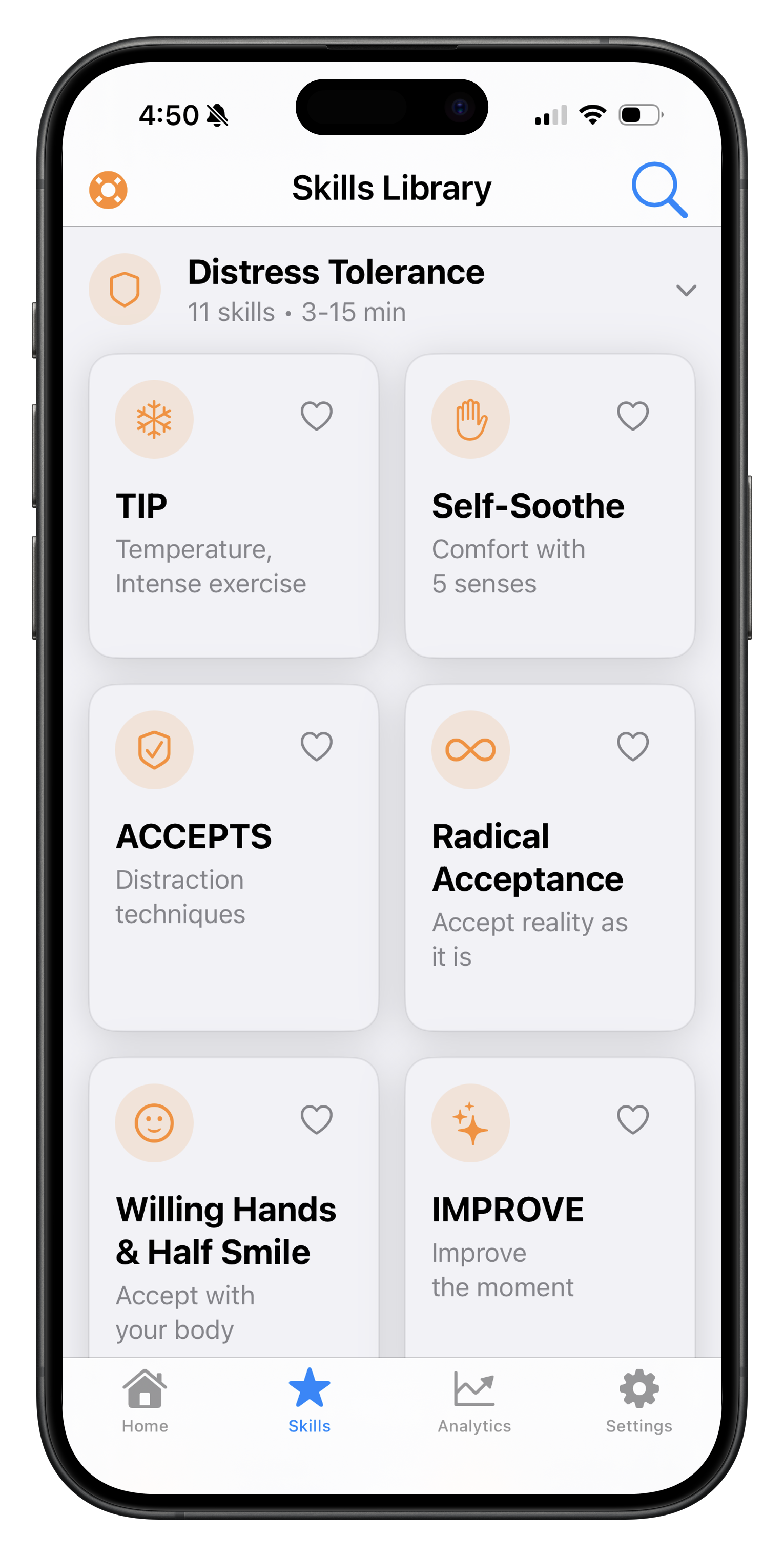 Skills Library interface showing Distress Tolerance skills including TIP, Self-Soothe, ACCEPTS, and Radical Acceptance