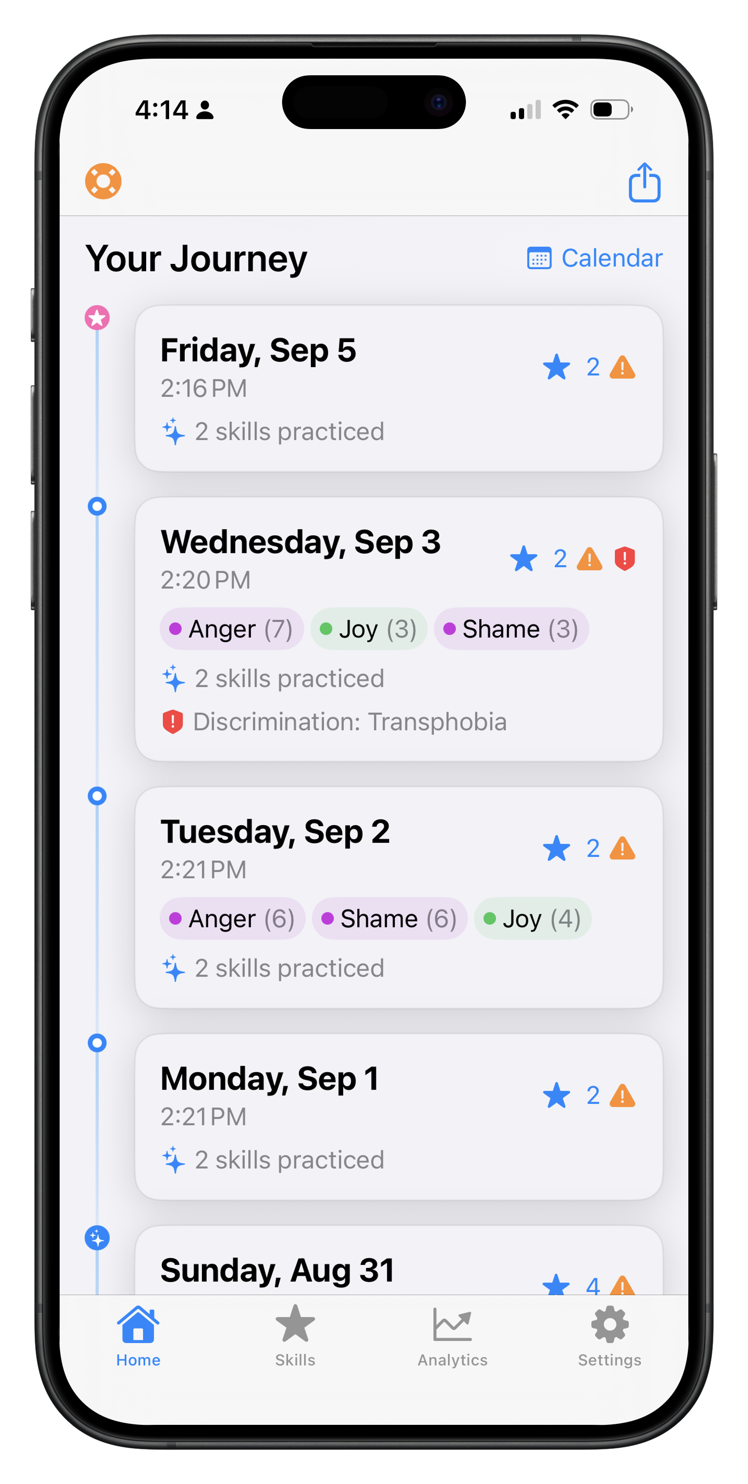 Your Journey timeline showing daily diary entries, emotion tracking, and skills practiced over time