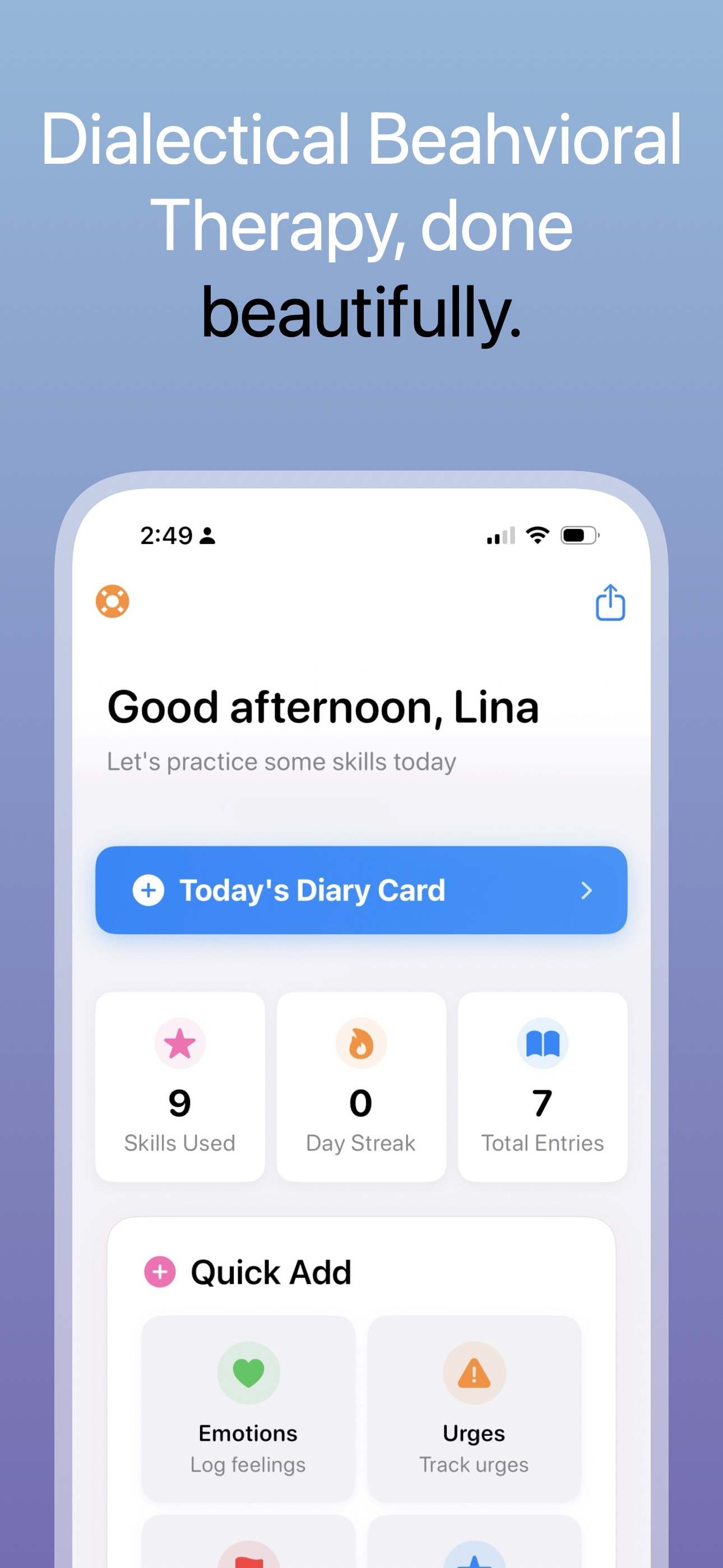 Radically DBT home screen showing personalized greeting, daily diary card, progress stats, and quick emotion tracking