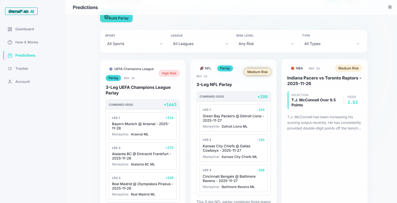 GamePlan AI Predictions Page showing AI-powered parlay picks