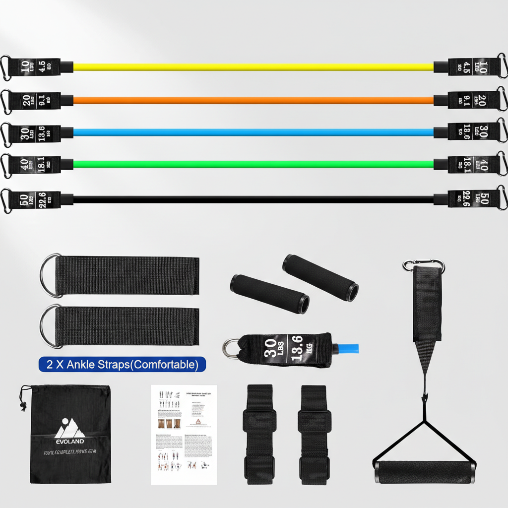 Resistance bands kit contents including bands, handles, straps, anchor, bag and guide