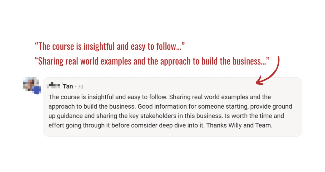 5-star testimonial from Tan praising the course effectiveness