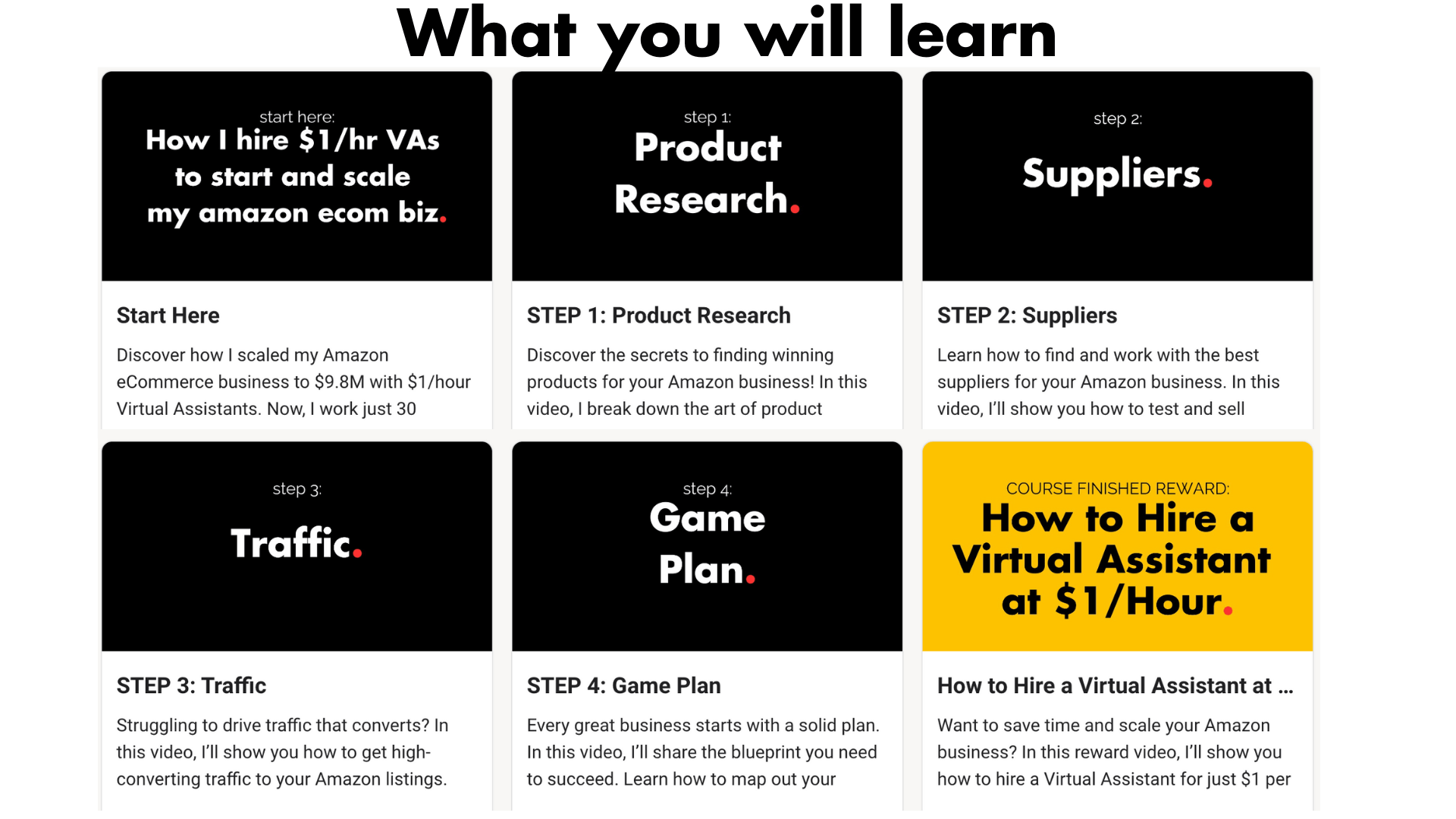 Course curriculum showing modules on product research, supplier negotiation, influencer outreach, and VA hiring - complete step-by-step system