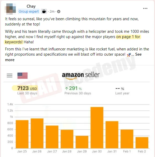 Chay's testimonial showing his Amazon success with $7123 revenue and 291% growth, validating the influencer marketing approach