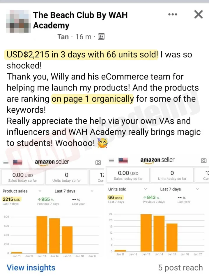 Tan's testimonial showing $2215 revenue with 955% growth in 3 days with 66 units sold and page 1 organic ranking