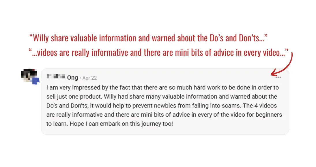 5-star testimonial from Ong praising the valuable information, Do's and Don'ts guidance, and informative videos with mini advice bits