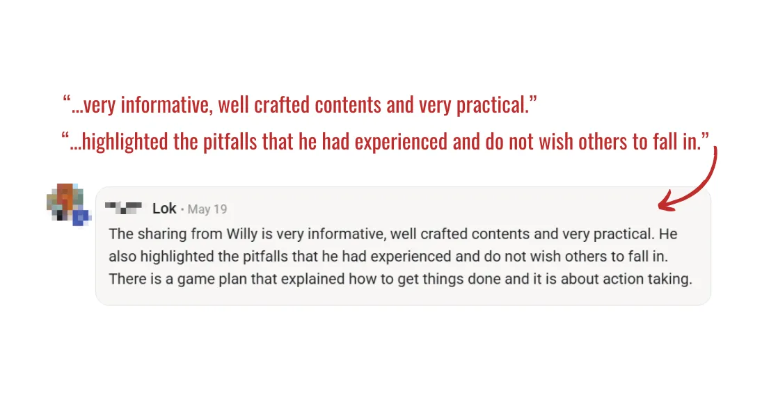 5-star testimonial from Lok highlighting the informative and practical content, pitfall awareness, and actionable game plans