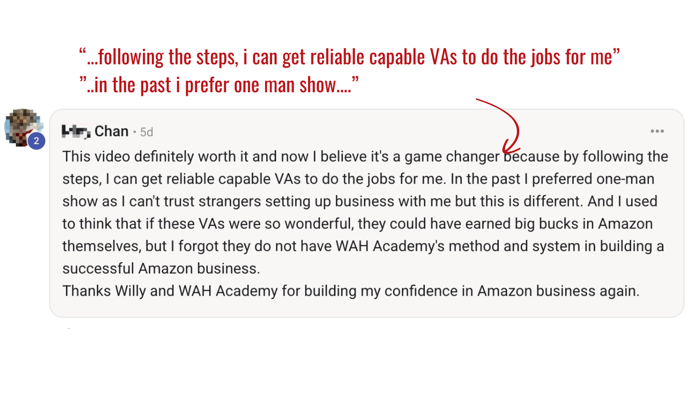 Chan's testimonial about overcoming trust issues with VAs and discovering the WAH Academy system