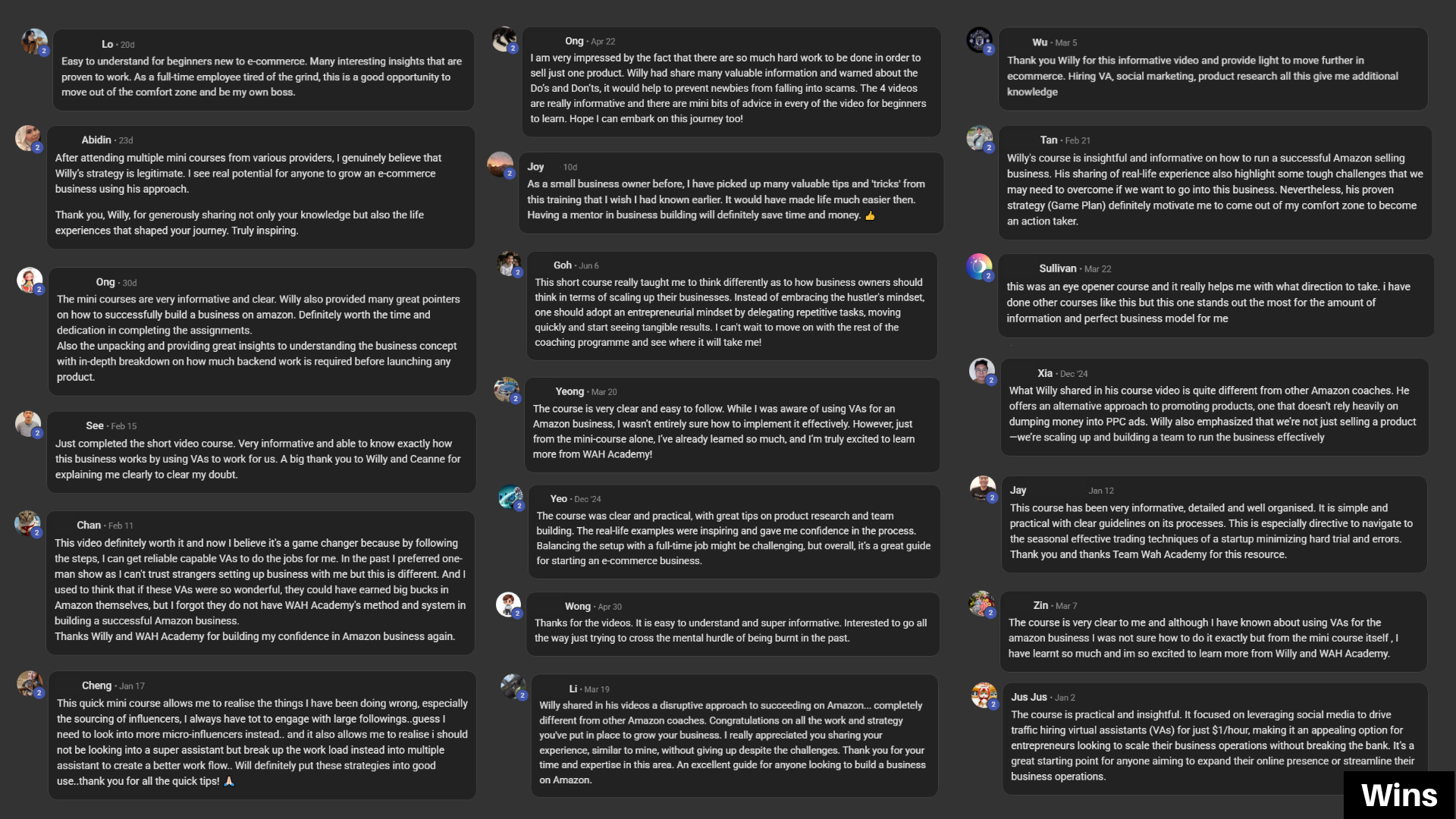 Collage of student testimonials and success stories from the Amazon eCom mini-course showing real breakthroughs