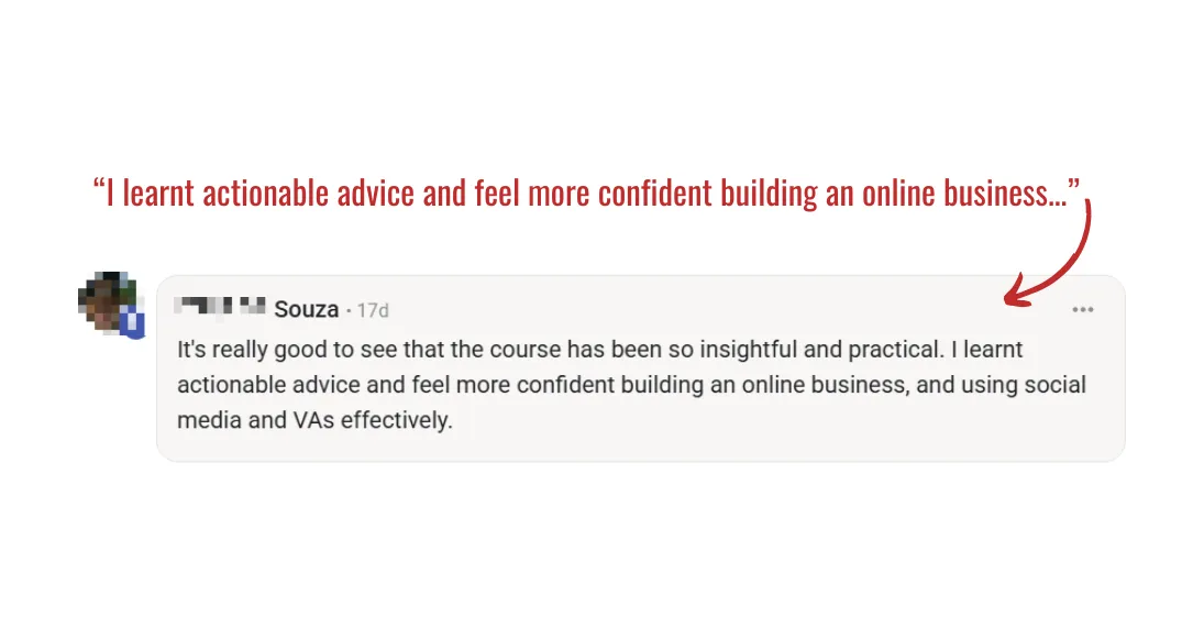 5-star testimonial from Souza about gaining actionable advice and confidence for online business building