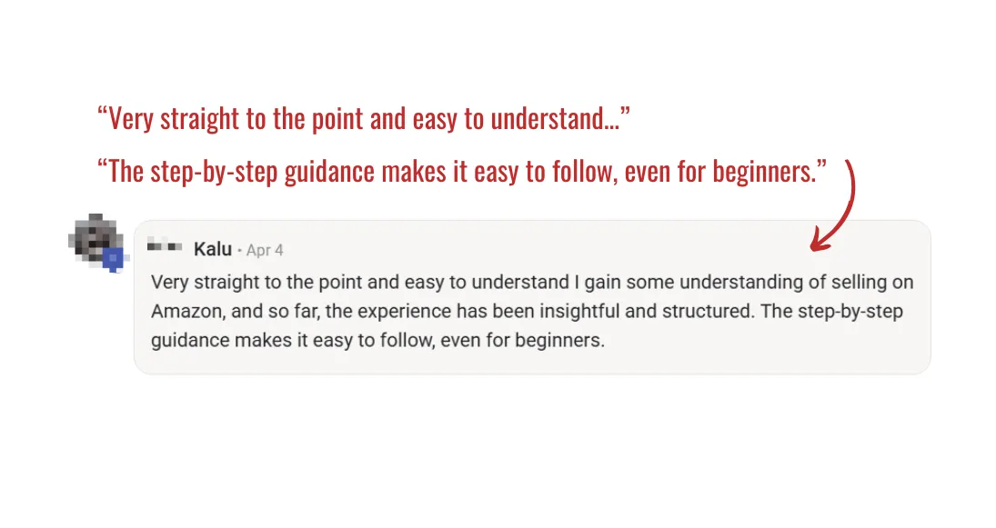 5-star testimonial from Kalu praising the course for being straight to the point and easy to understand with step-by-step guidance
