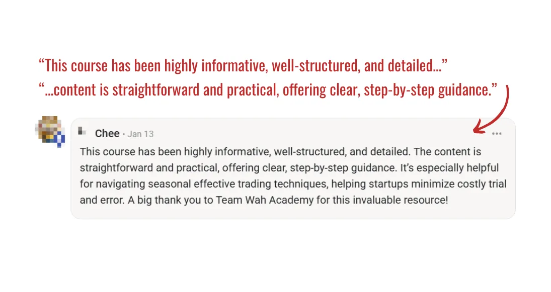 Detailed 5-star review from Chee highlighting the course's informative and practical content