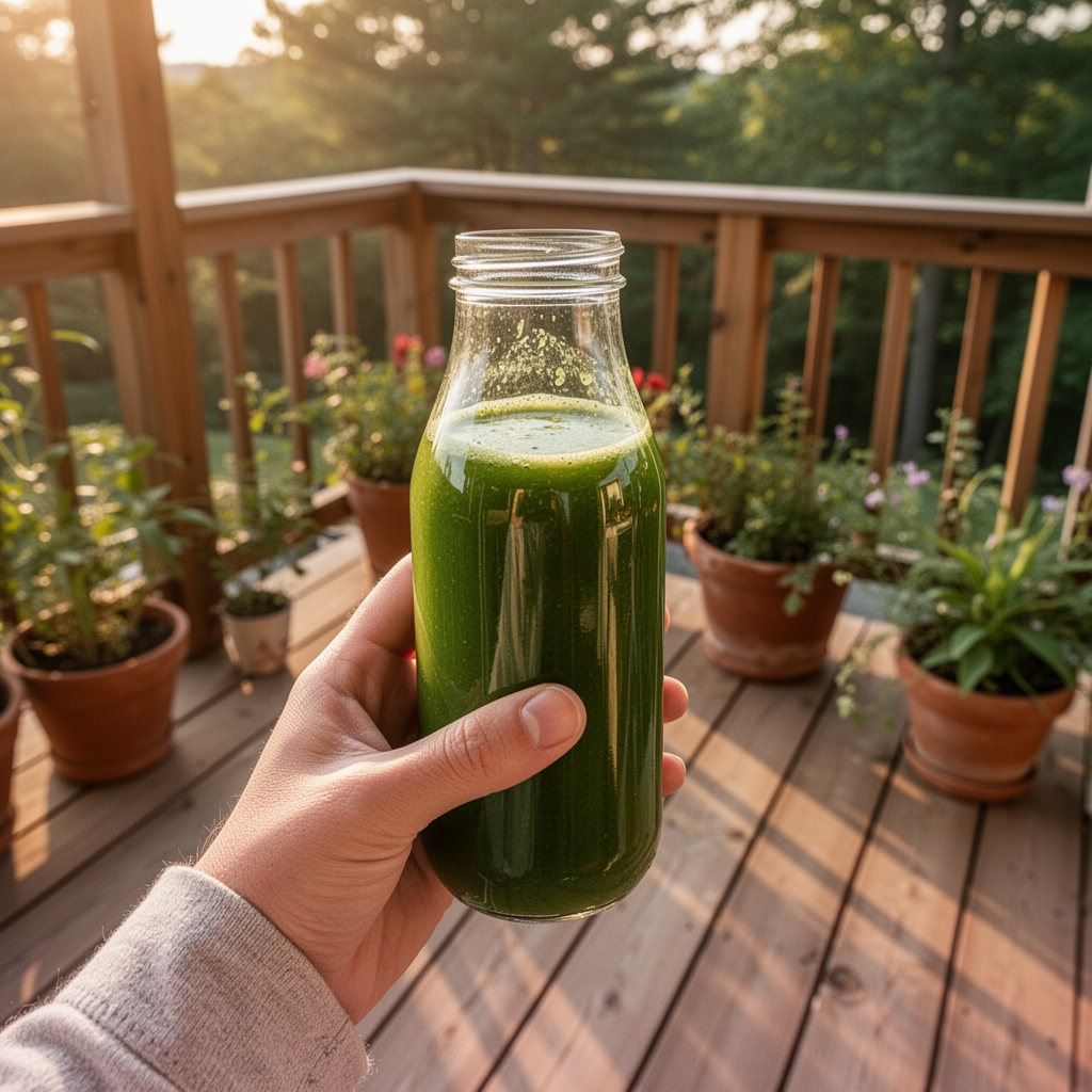 Hand holding green juice