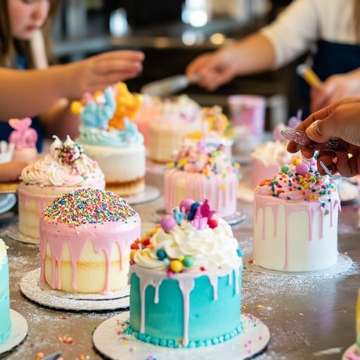 Hands-on cake decorating workshop with colorful decorated cakes and participants learning decorating techniques