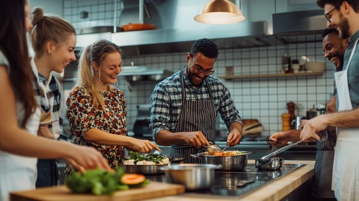 Participants engaged in a hands-on cooking workshop, learning culinary techniques together