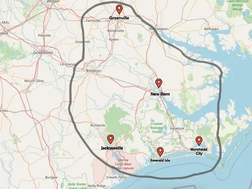 Service area map for Eastern North Carolina