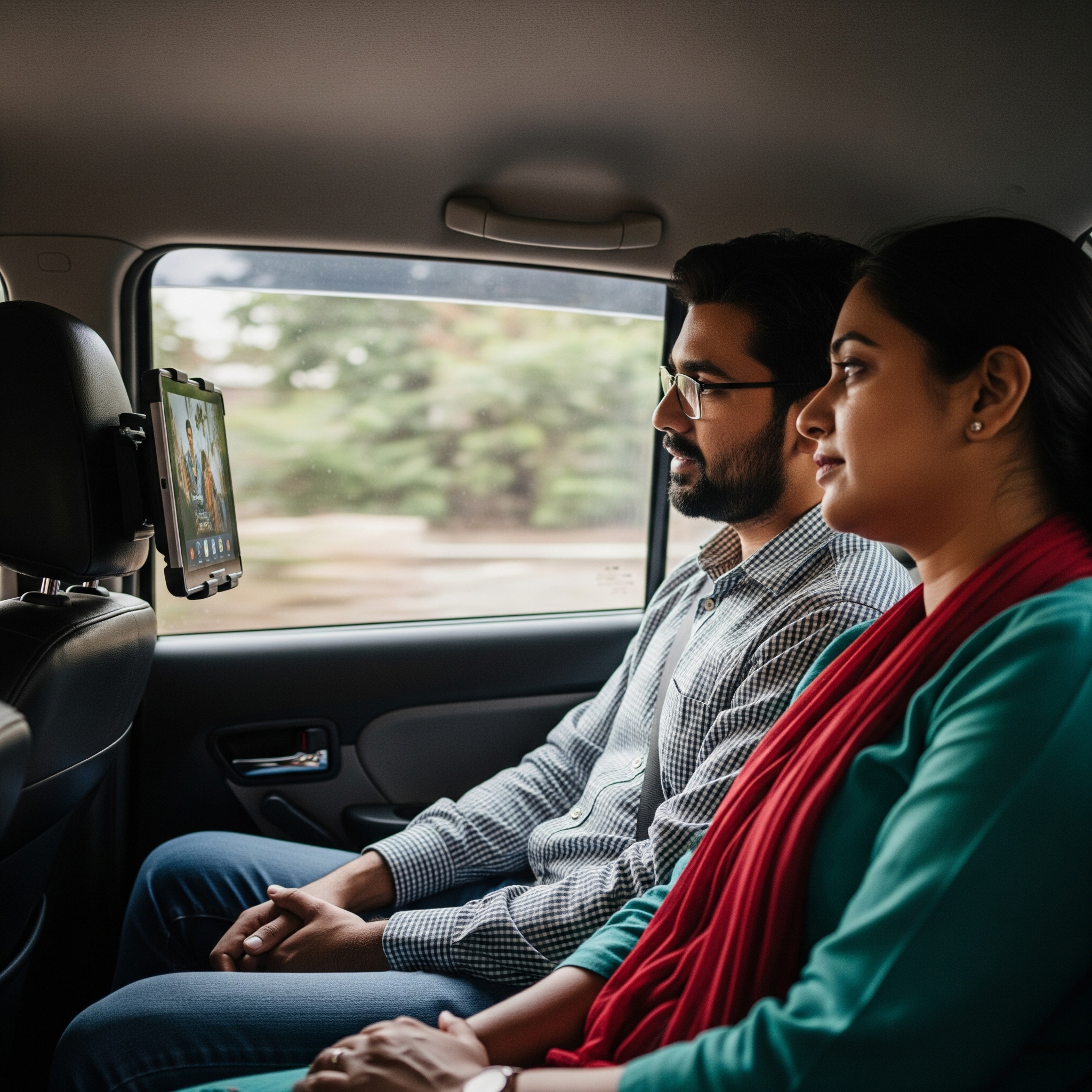 Passengers viewing in-cab digital advertising screen during ride - White Slate's premium in-cab advertising platform in Kerala