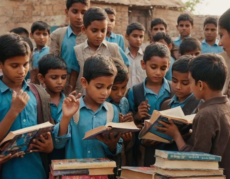 Group of students in uniforms reading books together