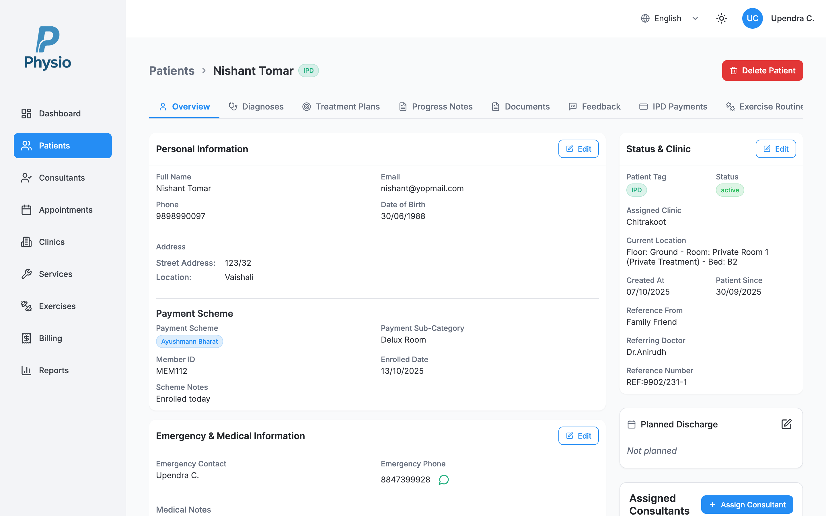 Patient details overview showing comprehensive patient information in Physio system