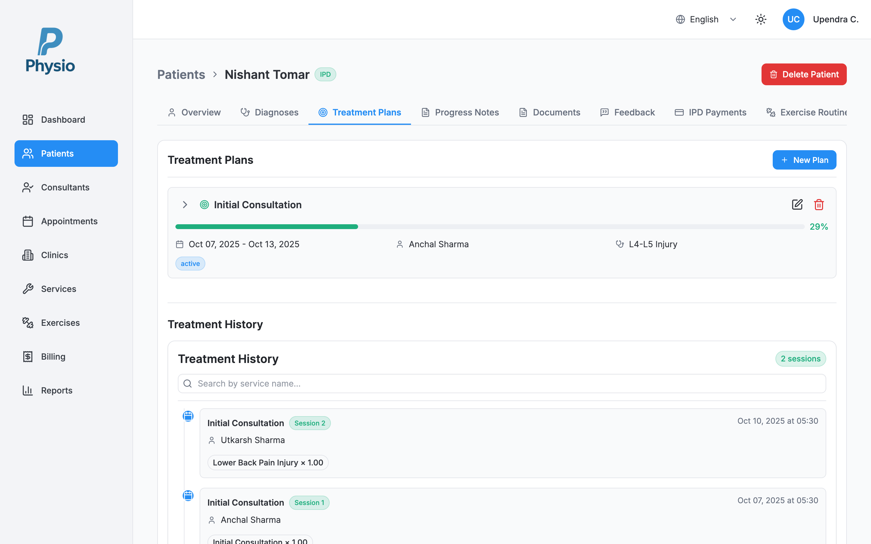 Treatment plans and exercise prescription interface