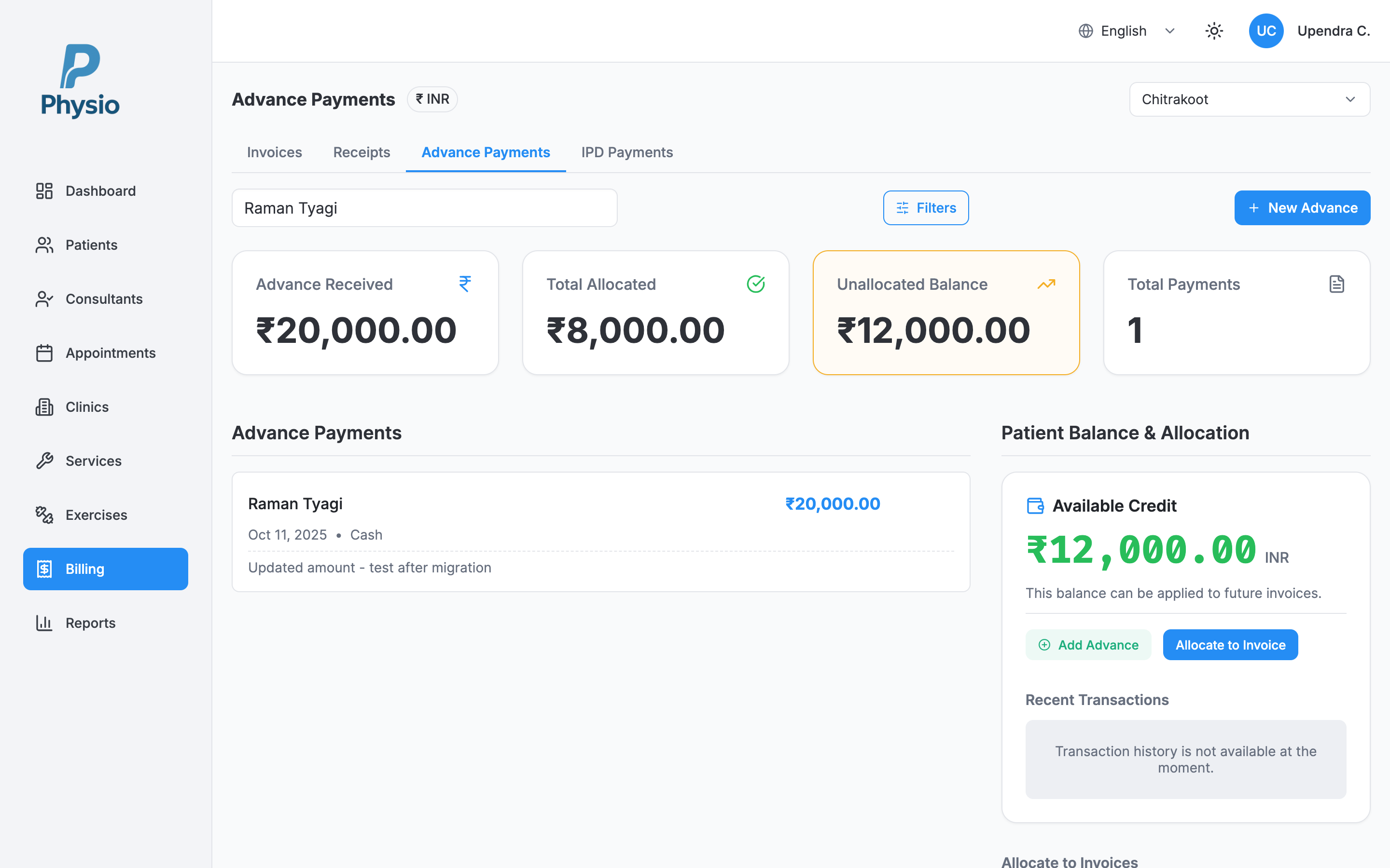 Advance payments dashboard showing payment tracking and patient credit balance management