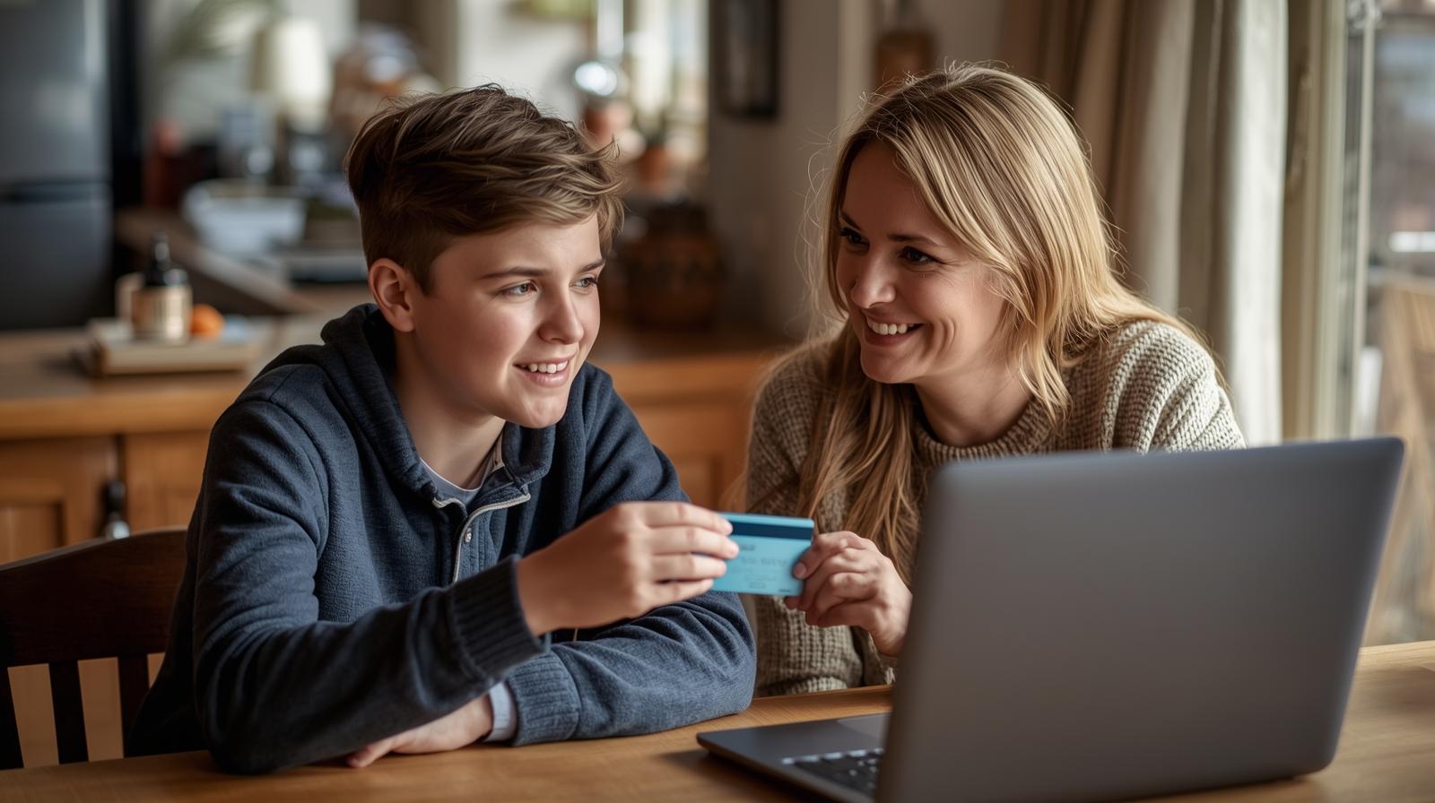 Teenager learning about finances with adult guidance