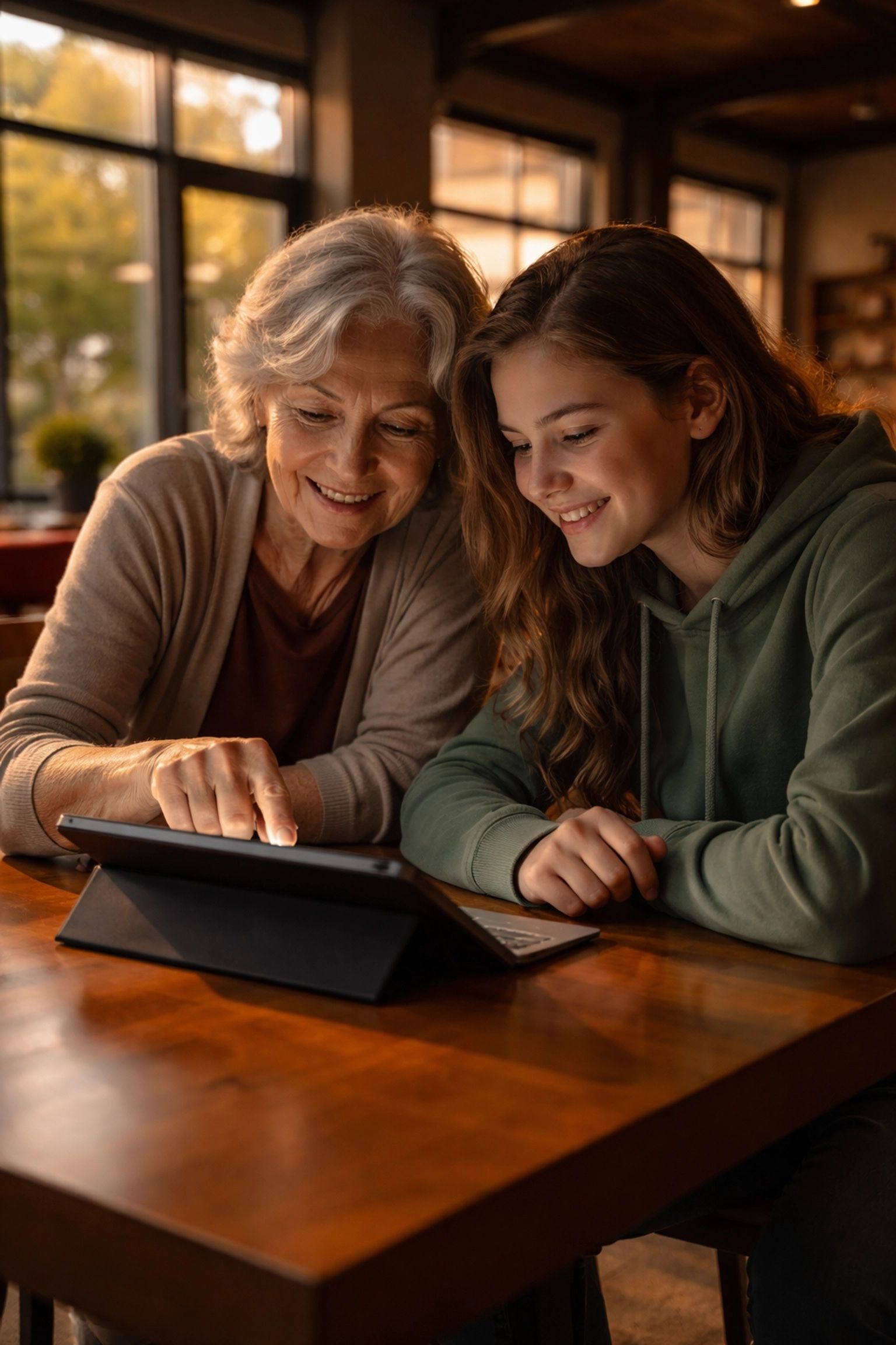 Elder woman and young girl at tablet