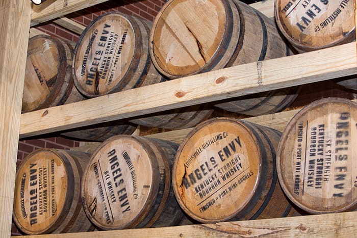 Bourbon barrels in a distillery