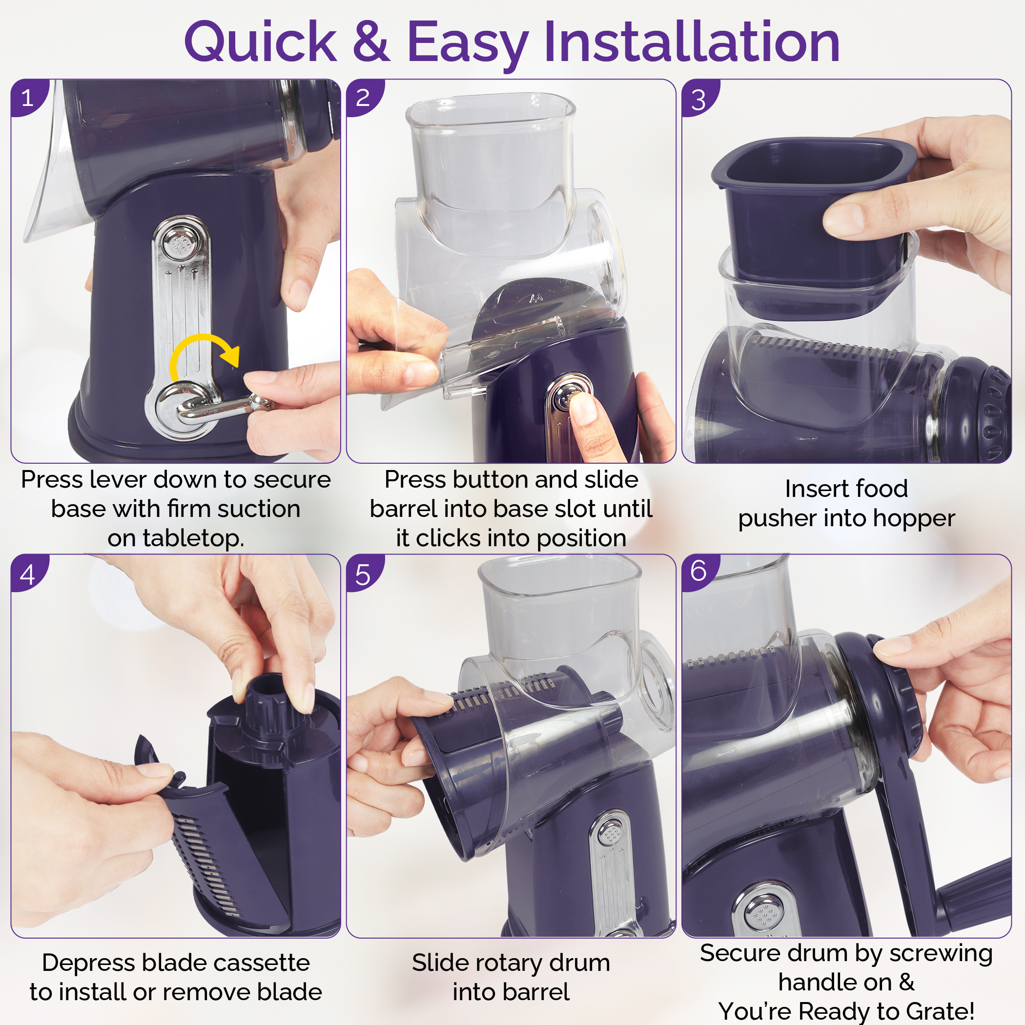 6-step infographic showing how to assemble the rotary cheese grater