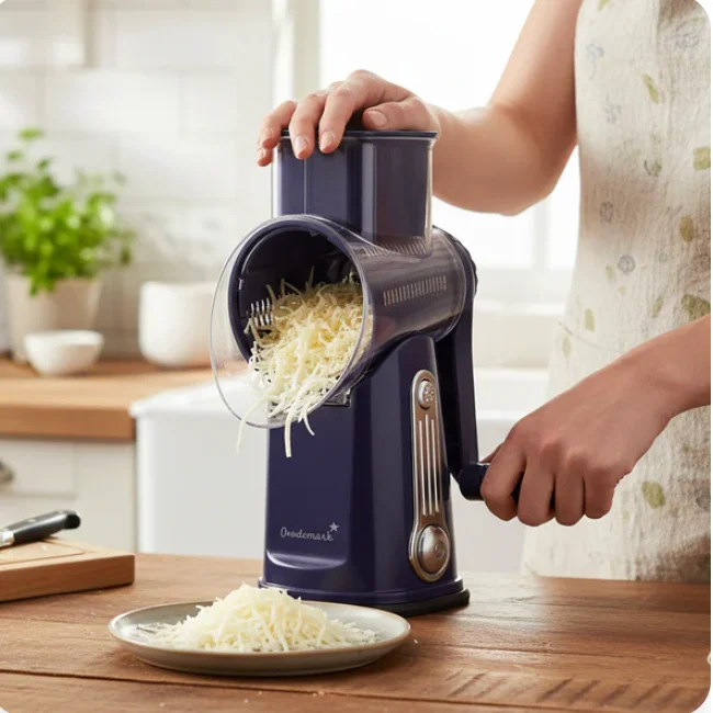 Person using Orodemark rotary cheese grater with grated cheese falling onto a plate