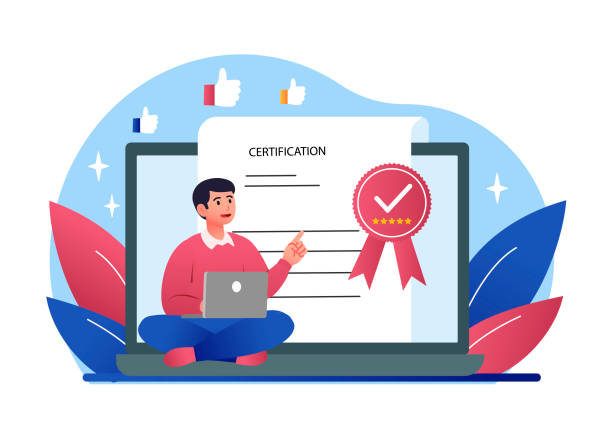 Person with laptop reviewing business certification documents
