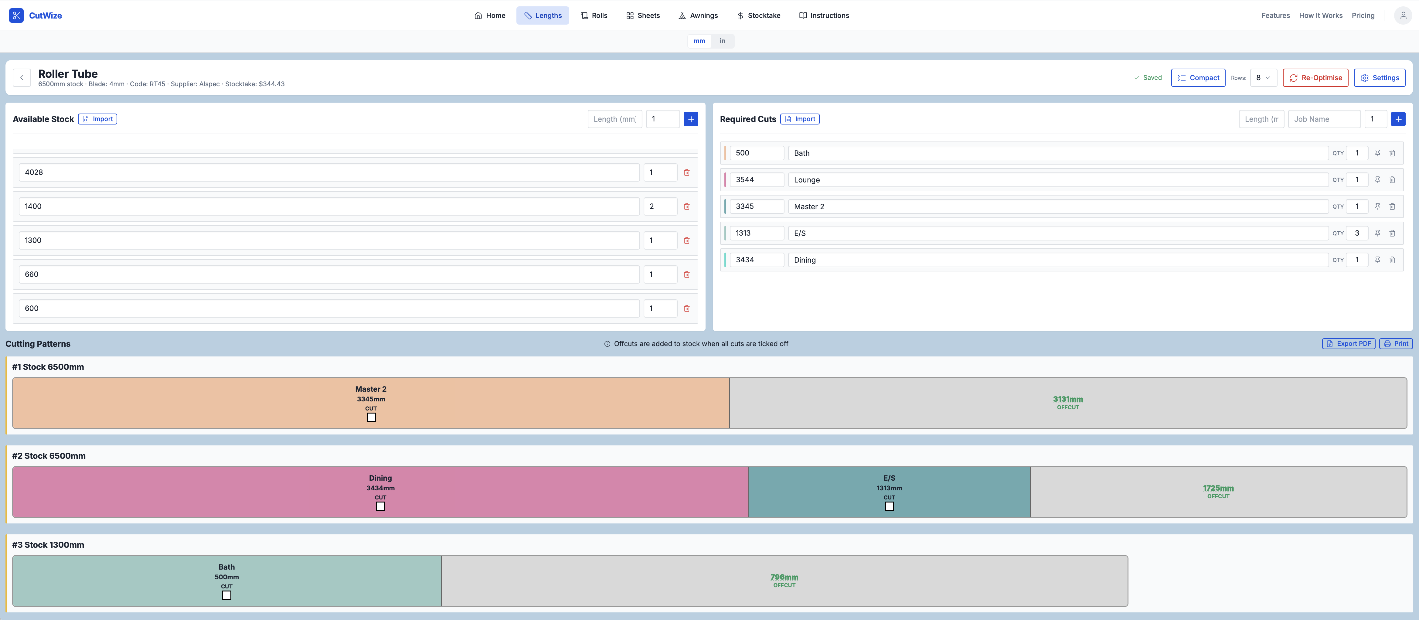 CutWize Length Optimised Pattern — linear cutting optimization showing available stock, required cuts with job names, and generated cutting patterns with offcut tracking