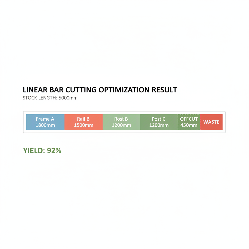 Linear cutting optimization pattern generated by CutWize showing 1D bar cutting