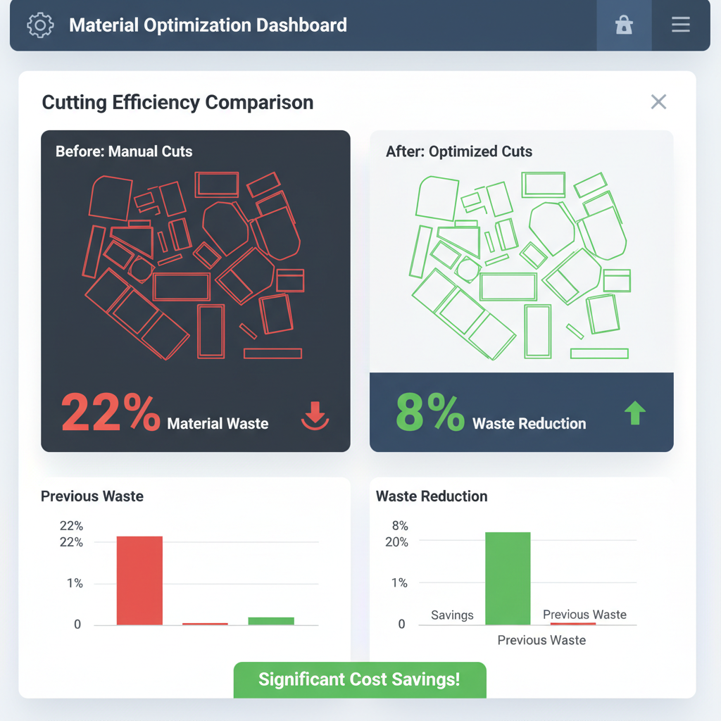 Material waste reduction comparison before and after sheet cutting optimization