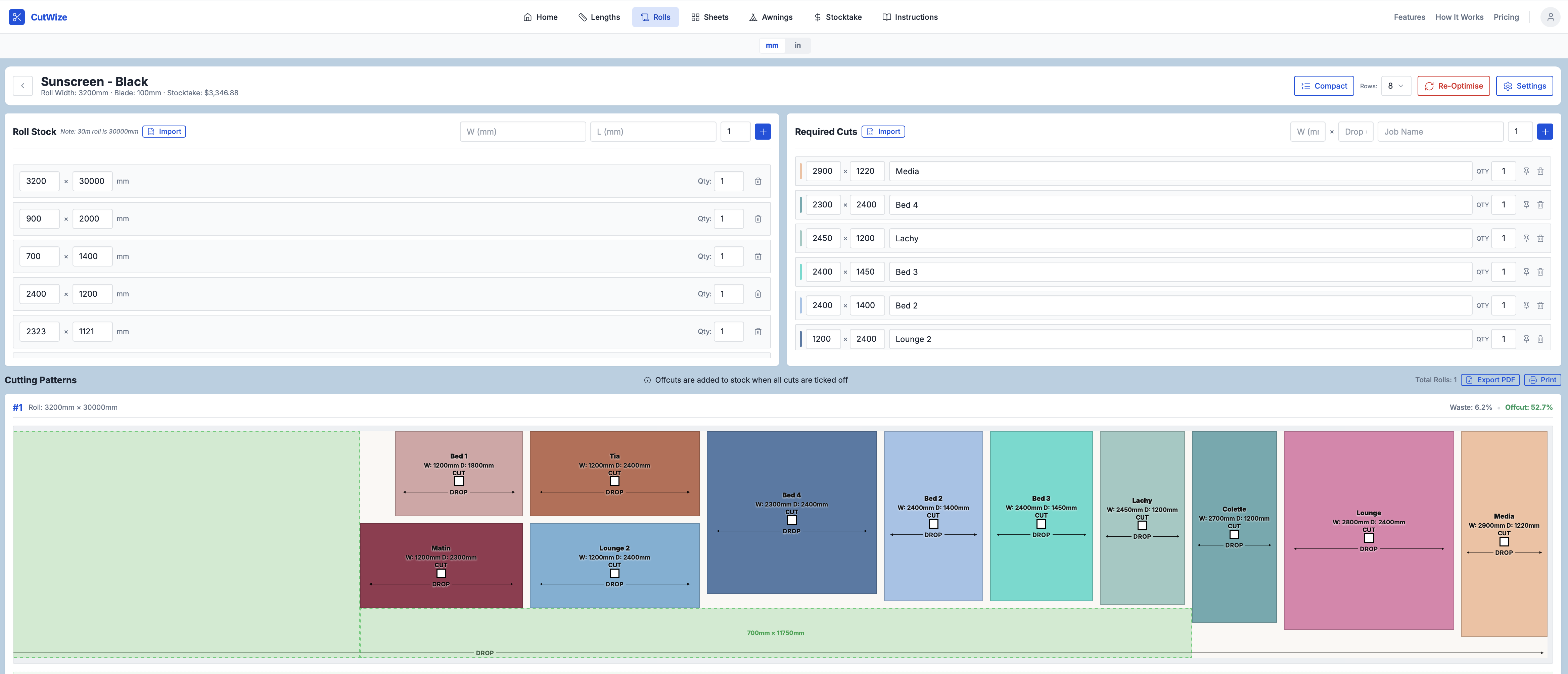 CutWize Fabric Roll Optimised Pattern — 2D roll nesting optimization showing nested panels with job labels, dimensions, and offcut regions for a fabric cutting layout