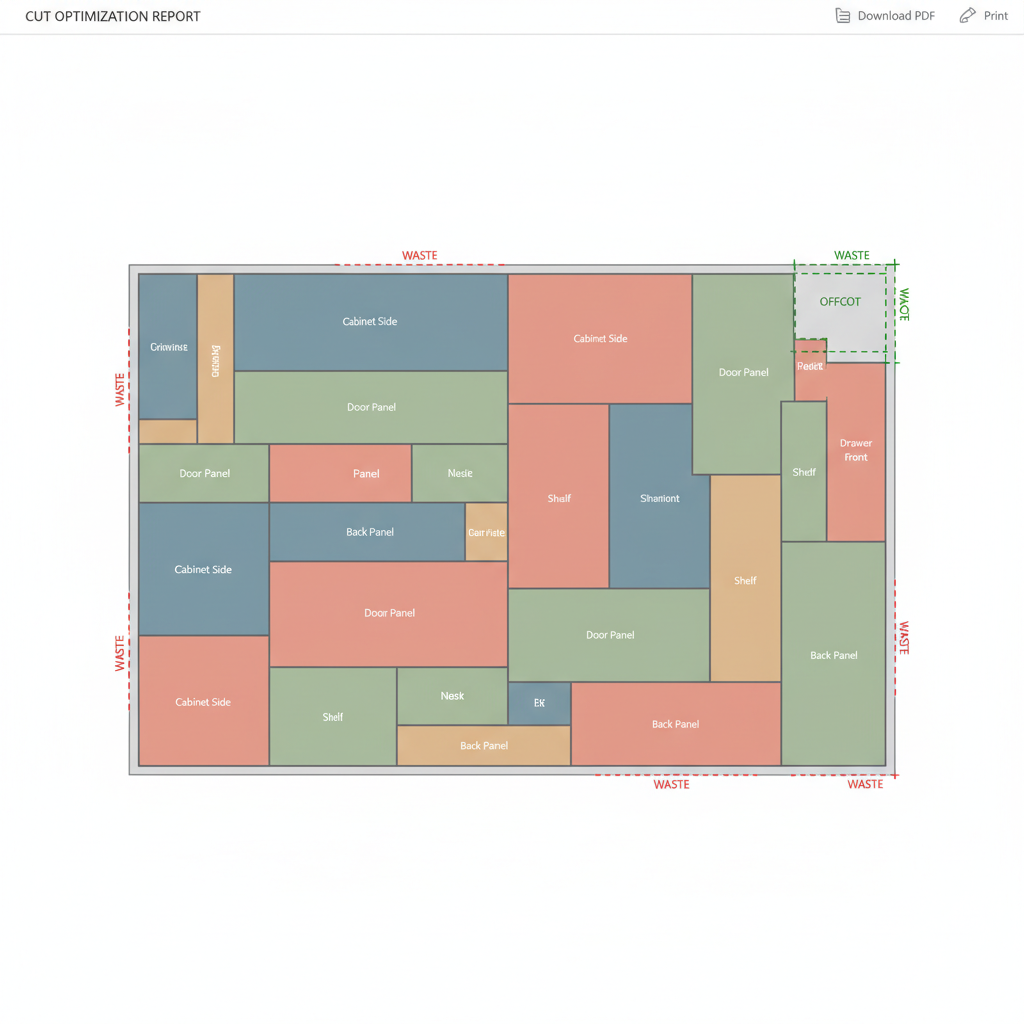 Sheet cutting optimization pattern generated by CutWize showing 2D panel nesting