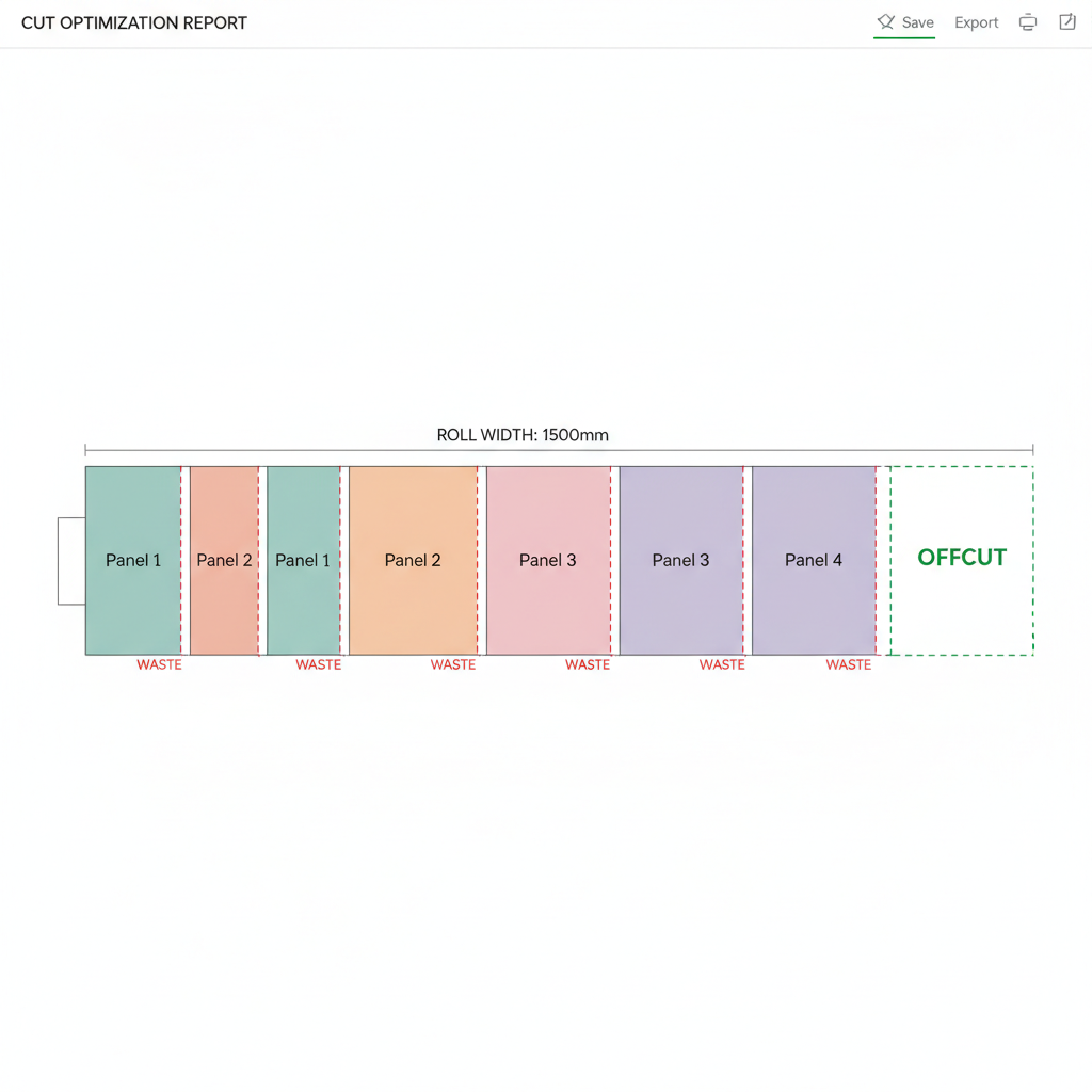 Roll cutting optimization pattern generated by CutWize showing continuous roll nesting