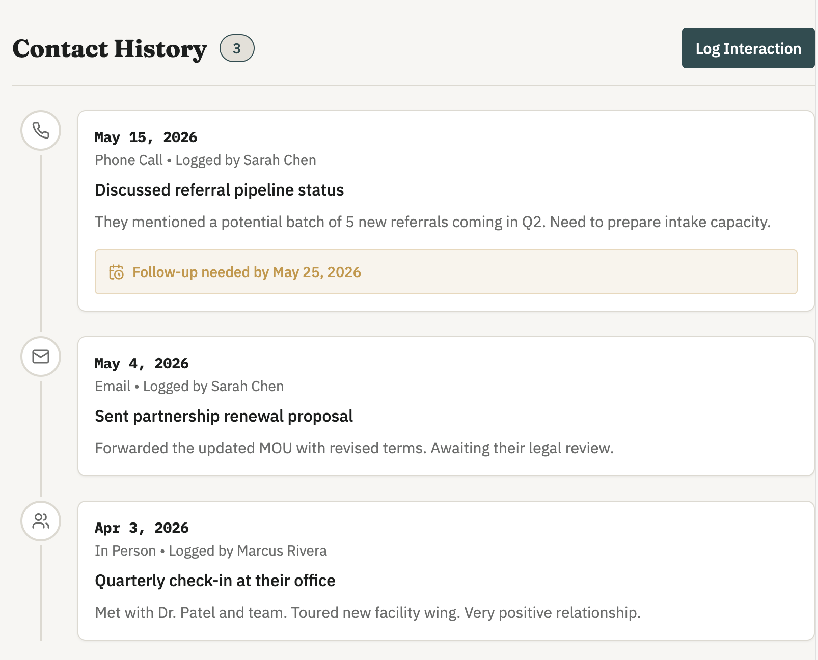 Vendor Tracker with detailed contact history timeline