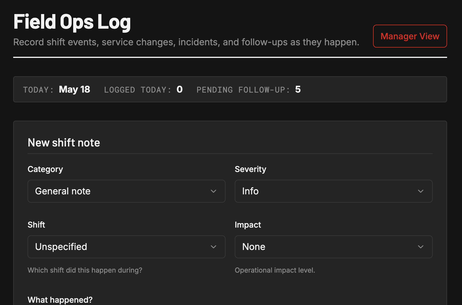 Field Ops Log dark mode