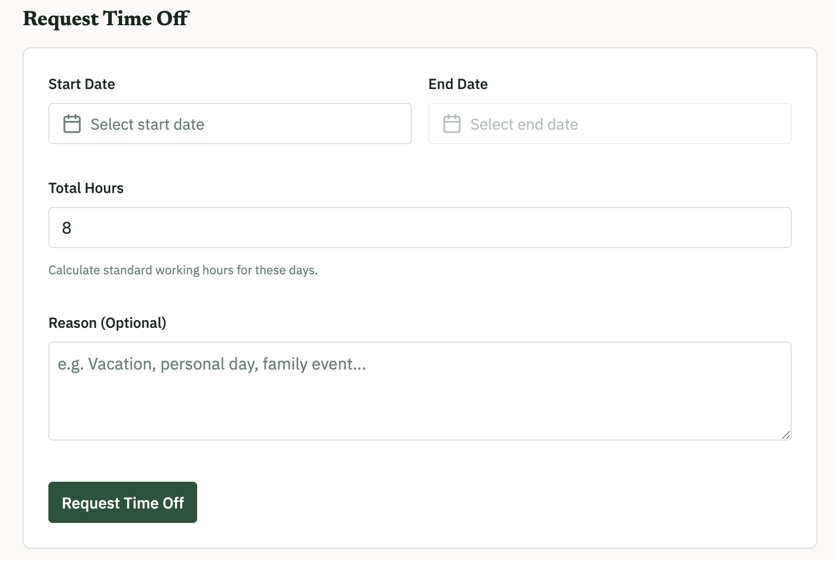 Time-Off Manager with employee self-service request form