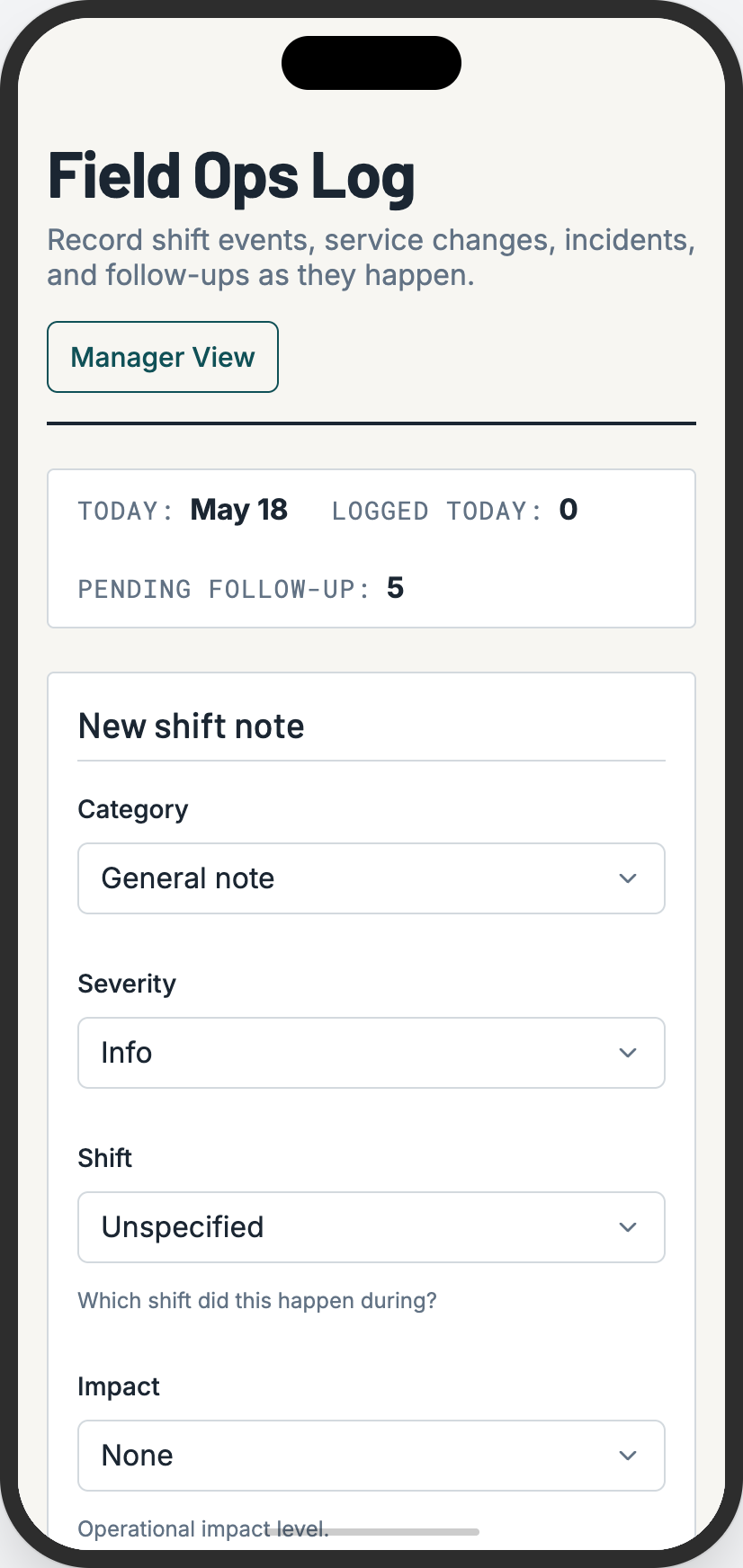 Field Ops Log - quick log form