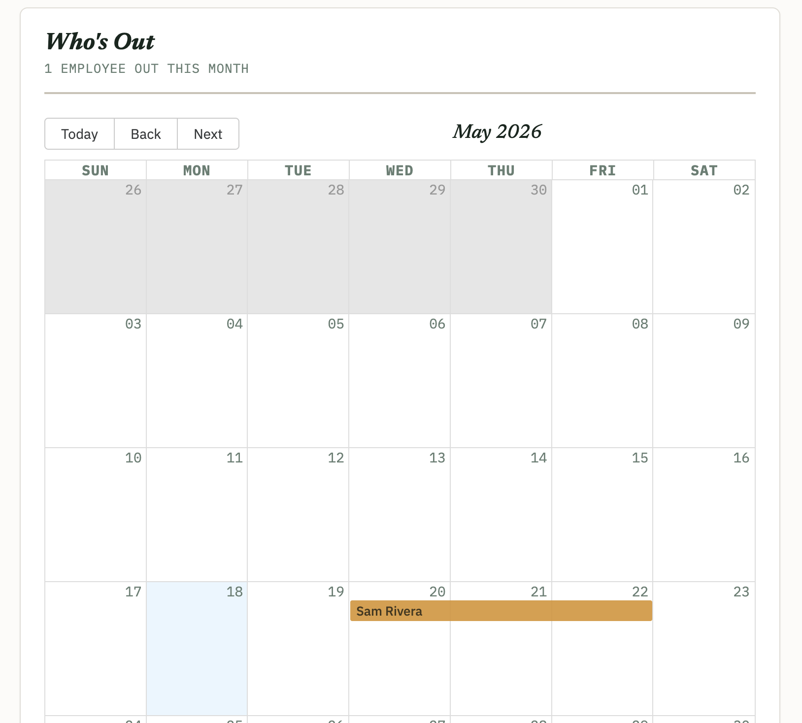 Time-Off Manager with calendar view showing who's out