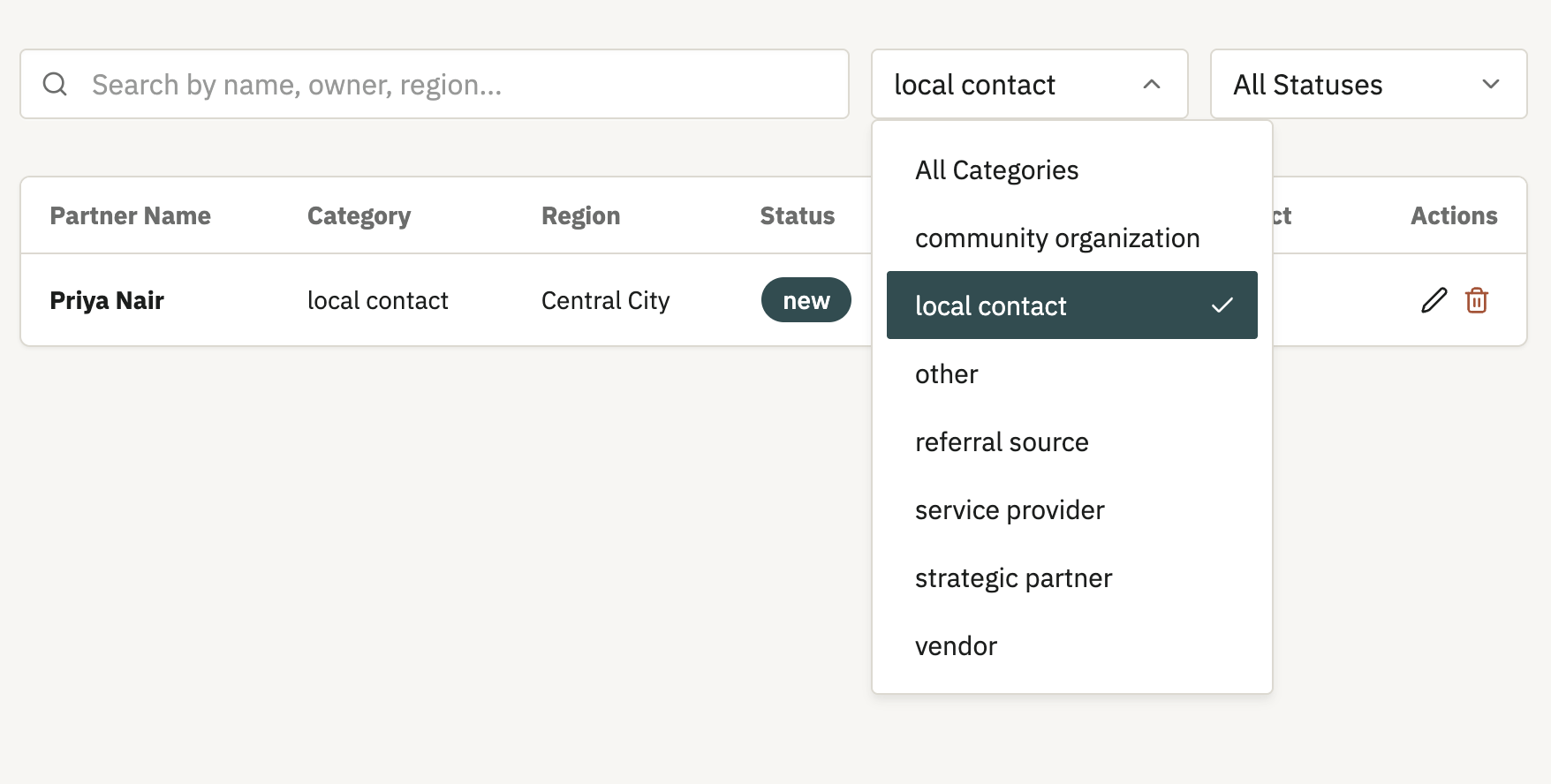 Vendor Tracker - filterable vendor table