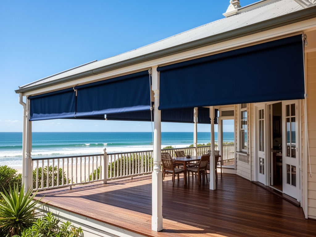 Traditional outdoor blinds on a classic beach house with ocean backdrop in Caloundra