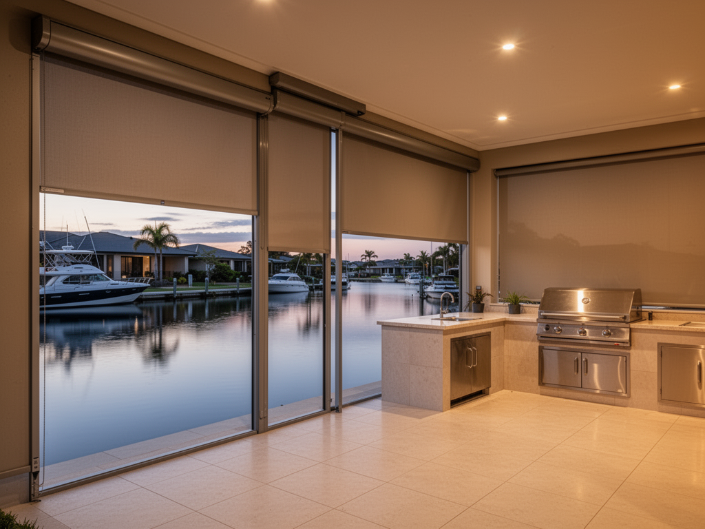 Motorised outdoor blinds installed on a canal-front entertaining area in Pelican Waters, Sunshine Coast