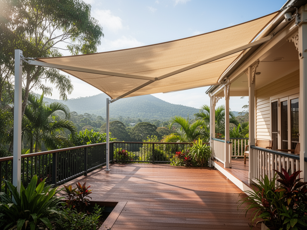 Folding arm awning extended over an elevated timber deck overlooking Buderim hinterland views