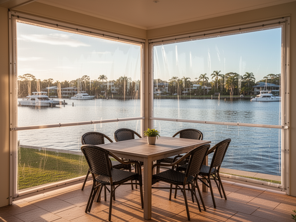Clear PVC bistro blinds on a riverfront patio in Noosaville overlooking the Noosa River