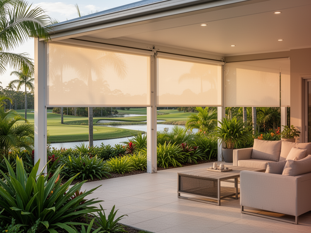 Track-guided outdoor blinds enclosing a resort-style alfresco area in Twin Waters